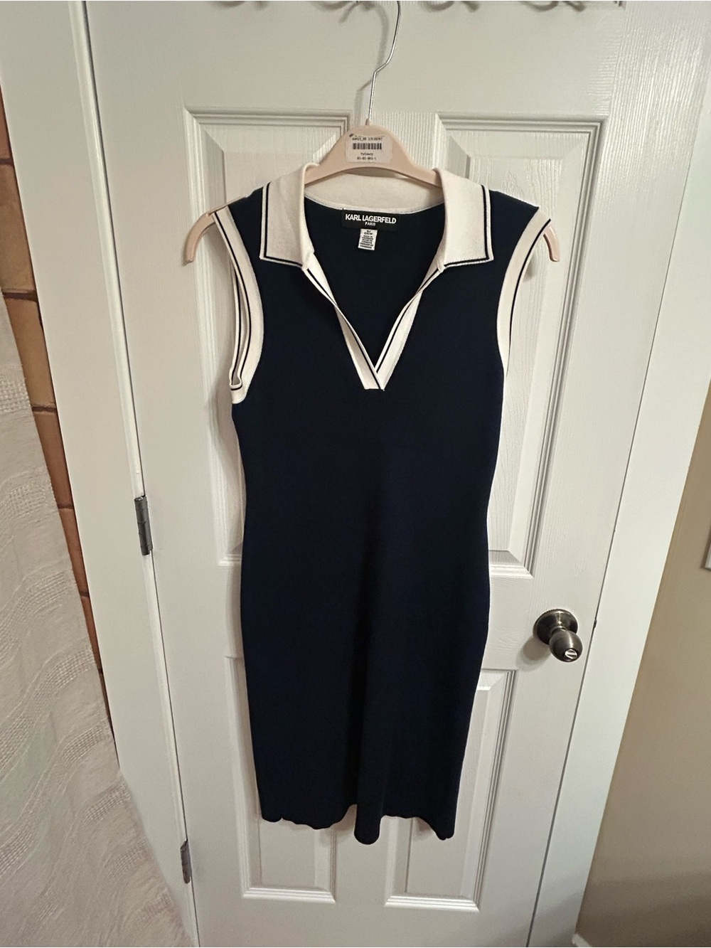 Karl Lagerfeld Navy Knit Sleeveless Polo-Style Dress with Ivory Trim